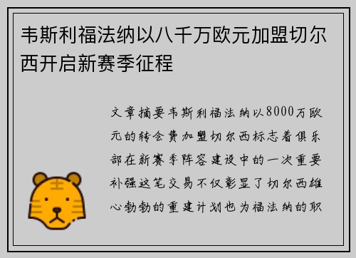 韦斯利福法纳以八千万欧元加盟切尔西开启新赛季征程